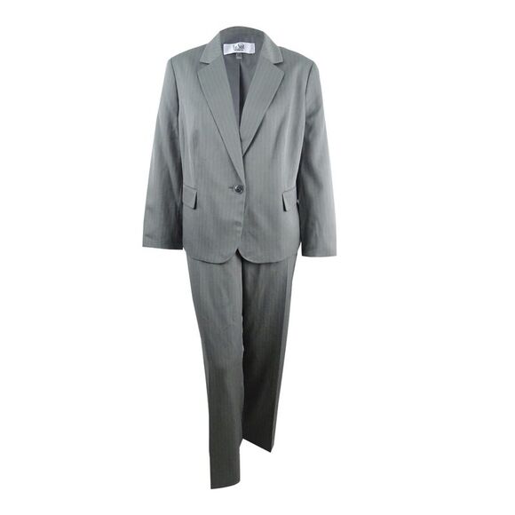 Le Suit Women's Plus Size One-Button Striped Pantsuit (14W, Light Stone) - Picture 1 of 3